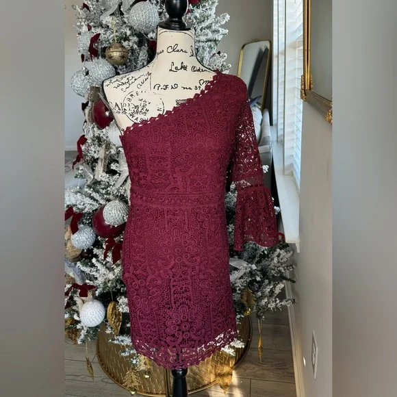 LULU’S Dreamy Date Burgundy Crochet Lace One-Shoulder Mini Dress - Picture 11 of 11